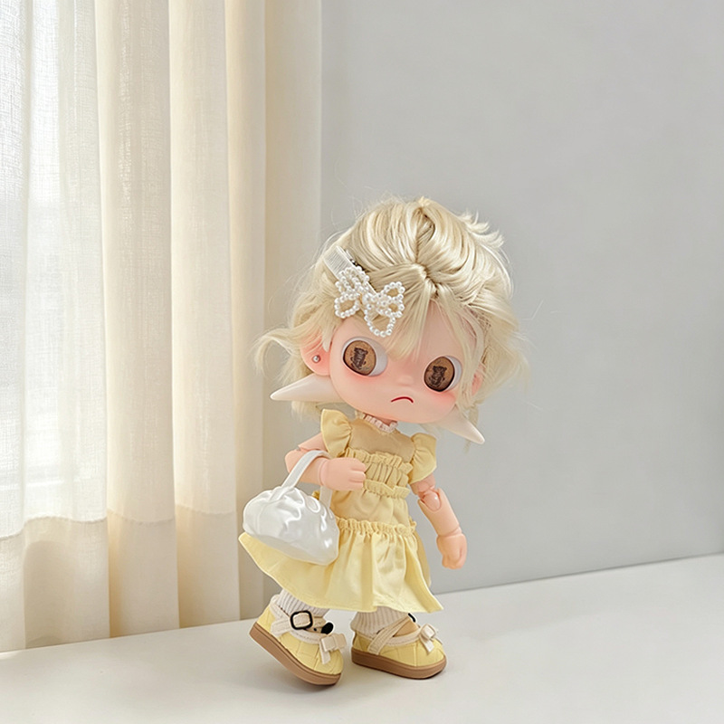 Clip In Hair Piece - 5-delige poppenoutfitset, citroengele pofjurk met parelhaarspeld,